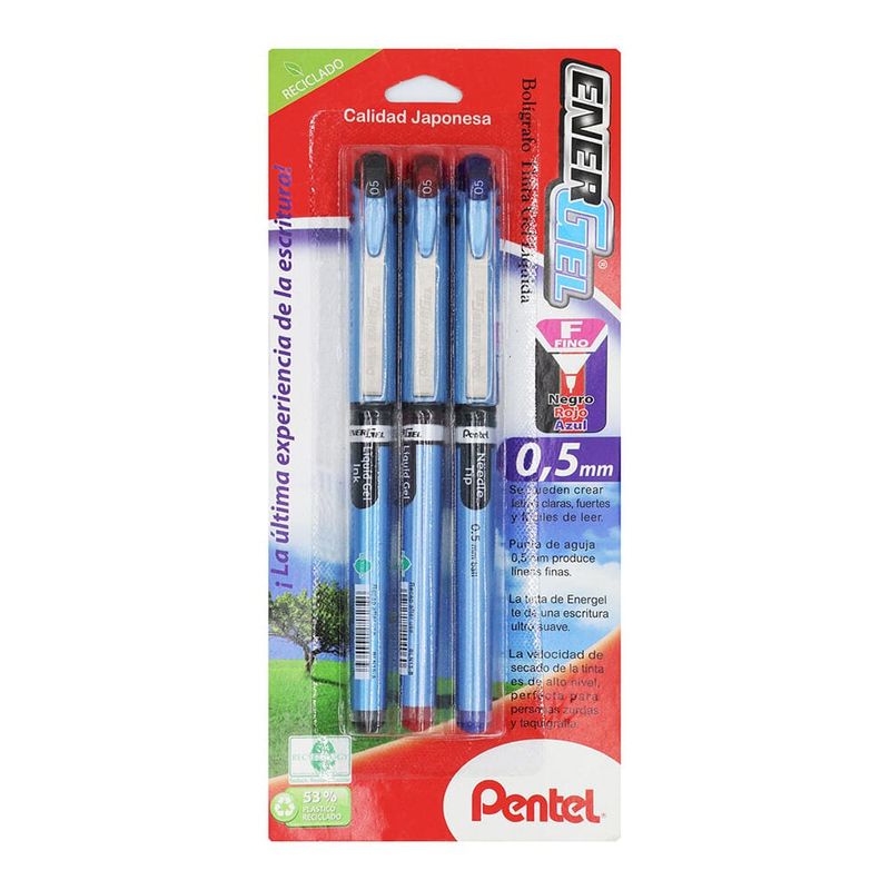 Bolígrafos Gel Pentel Fino 0.5mm 3pz, Bolígrafos
