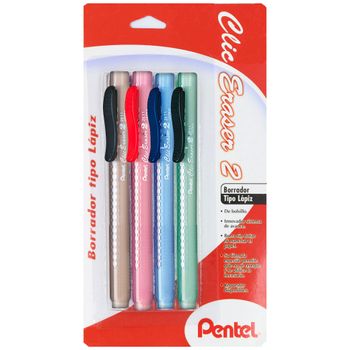 Borrador Pentel Clic Eraser 2 Retráctil Varios Colores 4 piezas