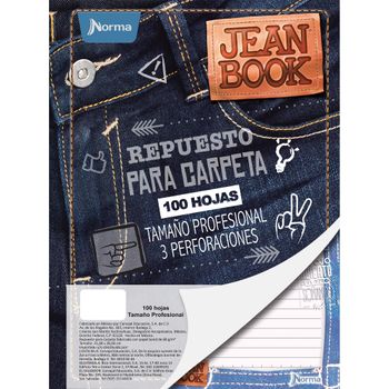 Hojas para Carpeta Tamaño Profesional Rayadas Jean Book 100 hojas
