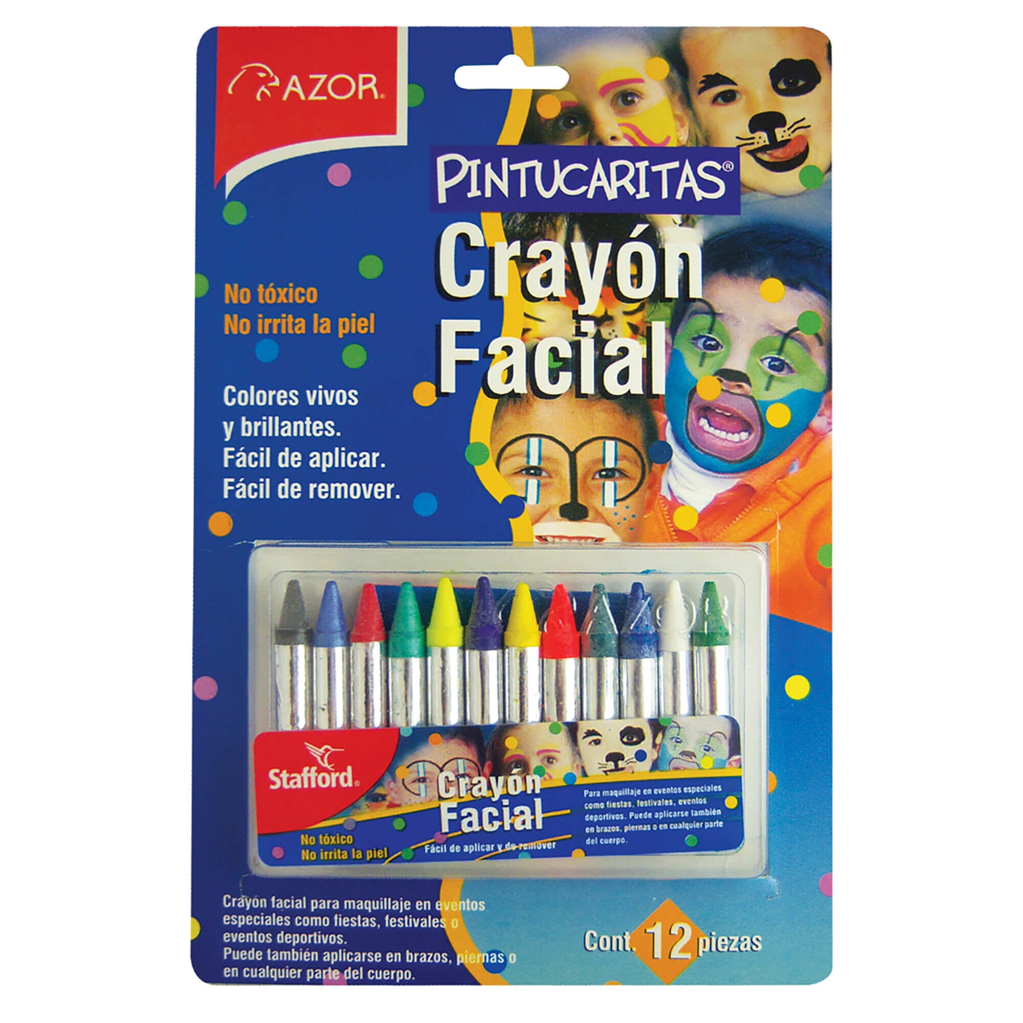 Crayones de pintura facial de 12 colores (de oro y plata incluidos). Para  niños, lavables y flexibles. No tóxicos, a base de agua.