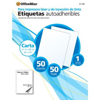 Etiqueta Autoadheribles Ink/Laser tamaño Carta Blancas OfficeMax 50 etiquetas