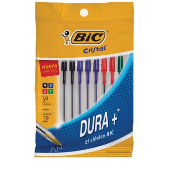 Bolígrafos Bic Cristal Dura+ Punto Mediano Multicolor 10 pzas
