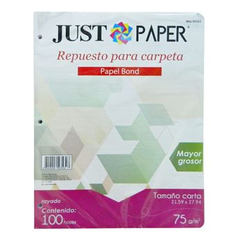 Hoja para Carpeta Tamaño Carta Rayadas Just Paper 100 hojas