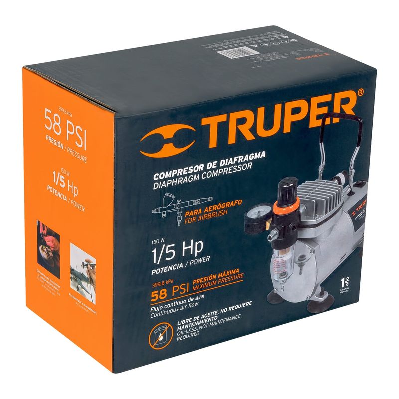 Compresor de Diafragma para Aerógrafo Truper 1/5 HP, Ferretería