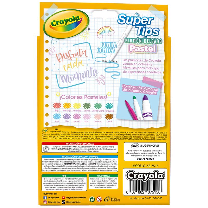 Marcadores Plumones Crayola Super Tips Pastel 12 Colores