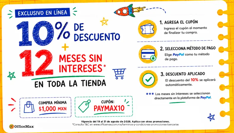 Promoción de 10% de descuento adicional pagando con PayPal usando el cupón PAYMAX10.